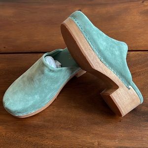 Martino Teal Suede Charlotte Stone Clog Heels